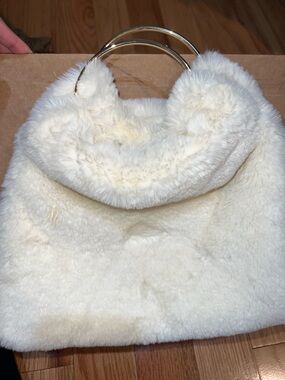 Cream Plush Faux Fur Handbag with Gold Ring Handles